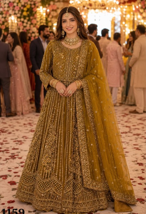 Green Net Kurti Lehenga With Zari Work